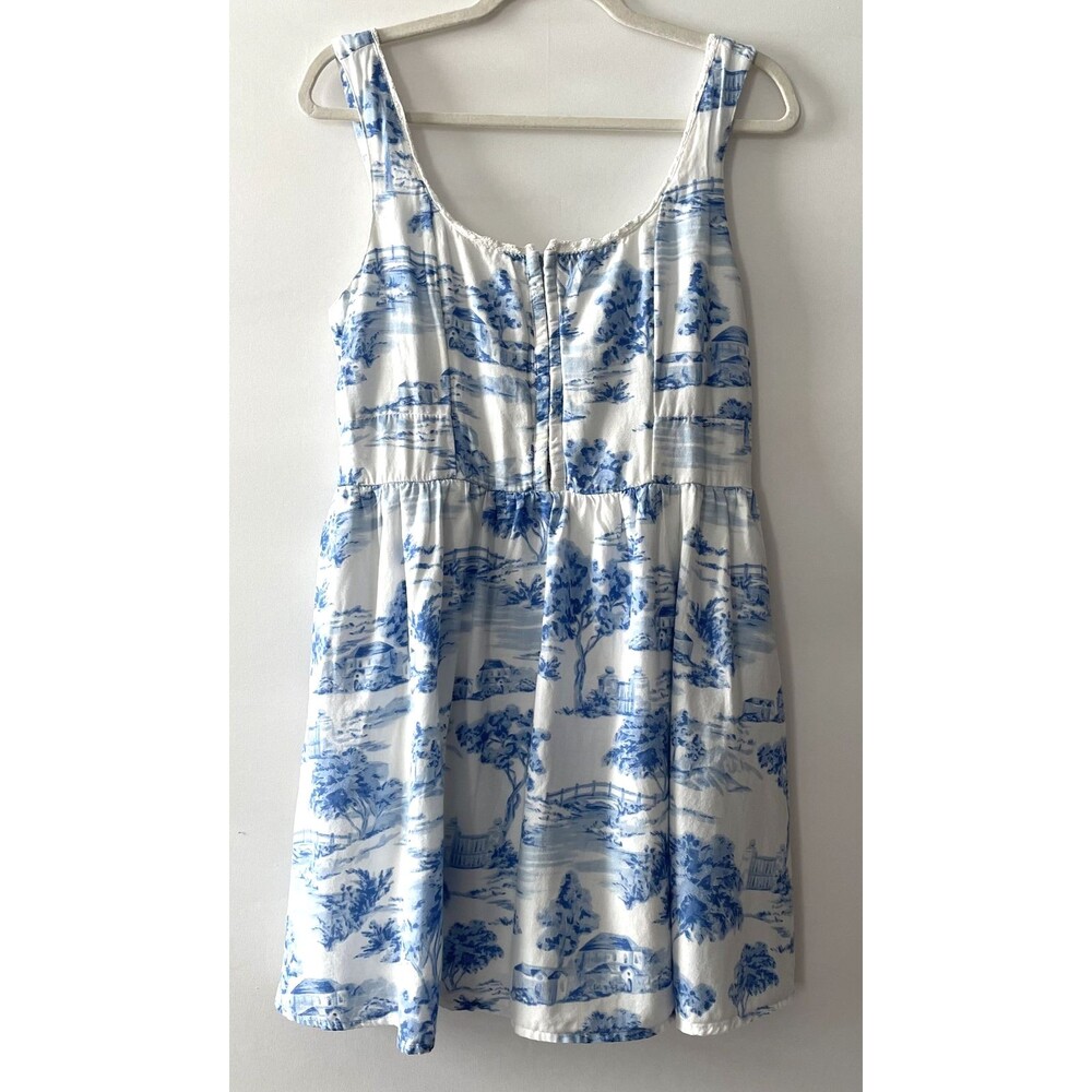 Japna Fit & Flare Mini Dress Sleeveless Scenic Print Blue White Size L-(mpv)